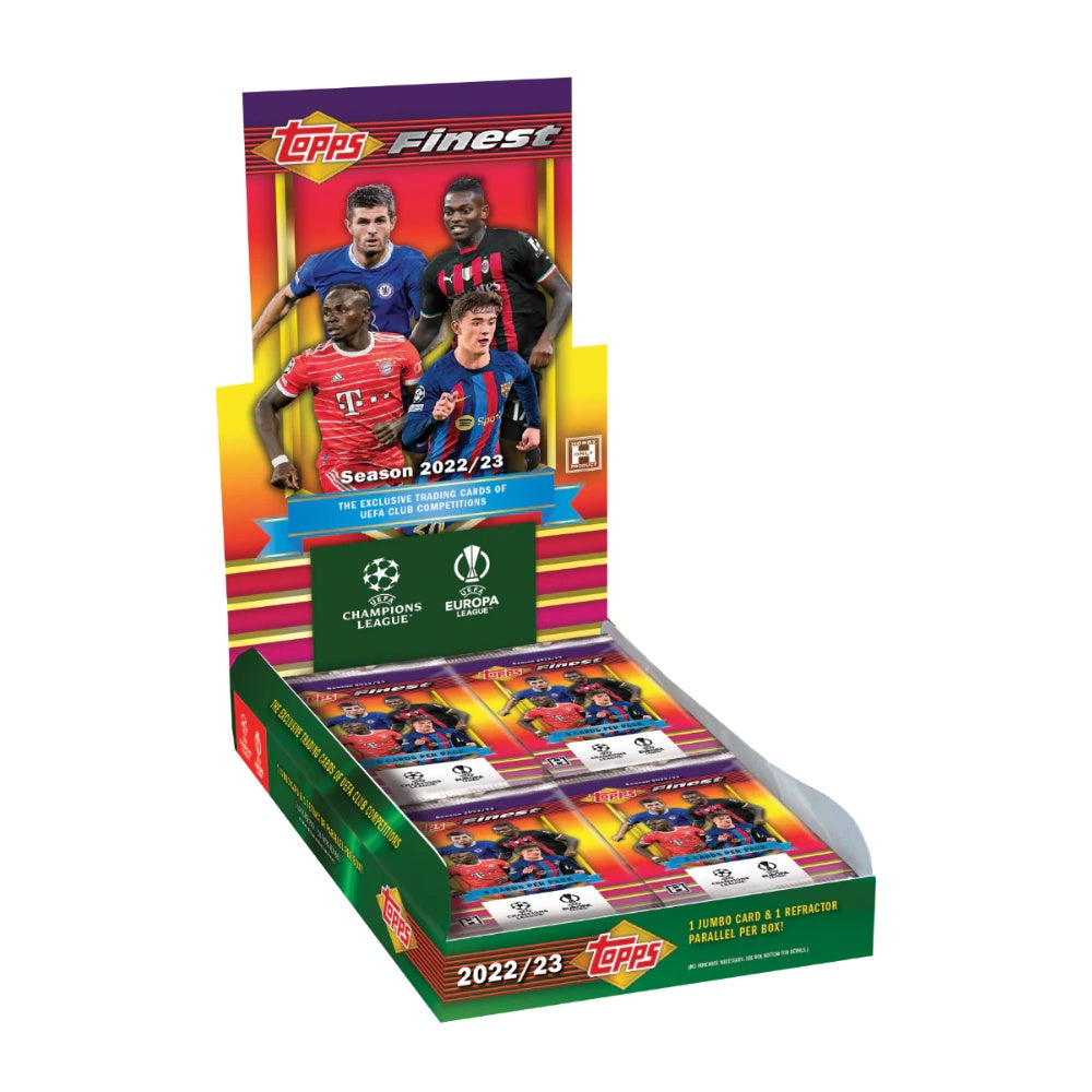 2022/23 Topps Finest Flashbacks UCC Soccer Hobby box med samlarkort för fotboll.