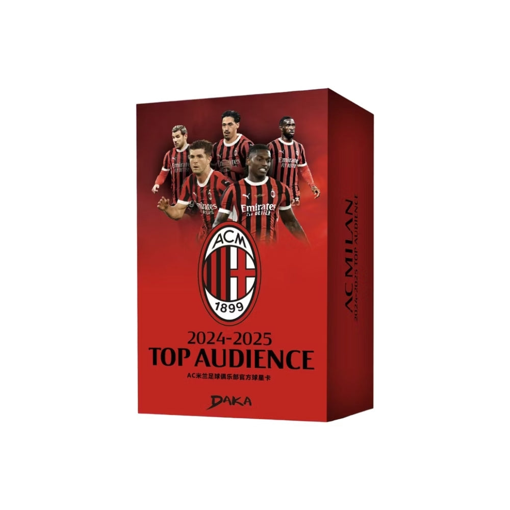 Svart AC Milan Top Audience Box 2024-25 från Daka, samlarbox med officiella fotbollskort för samlare.