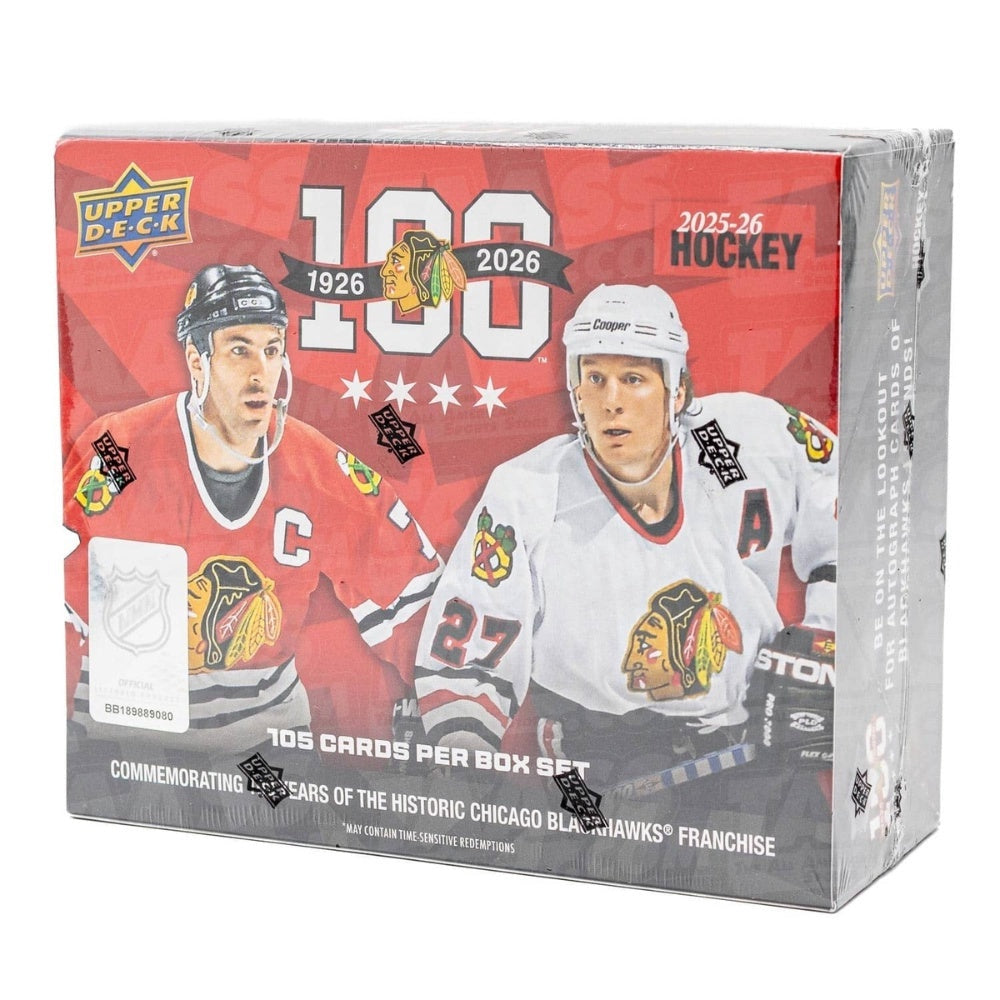 Chicago Blackhawks Centennial Box Set 2025-26 från Upper Deck med 105 exklusiva NHL-kort i samlarbox.