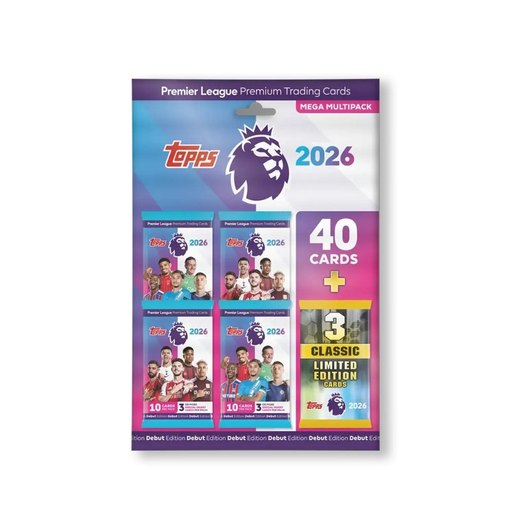 Topps Premier League 2025/26 Mega Multipack med 4 fotbollskort-paket och 3 Limited Edition-kort.