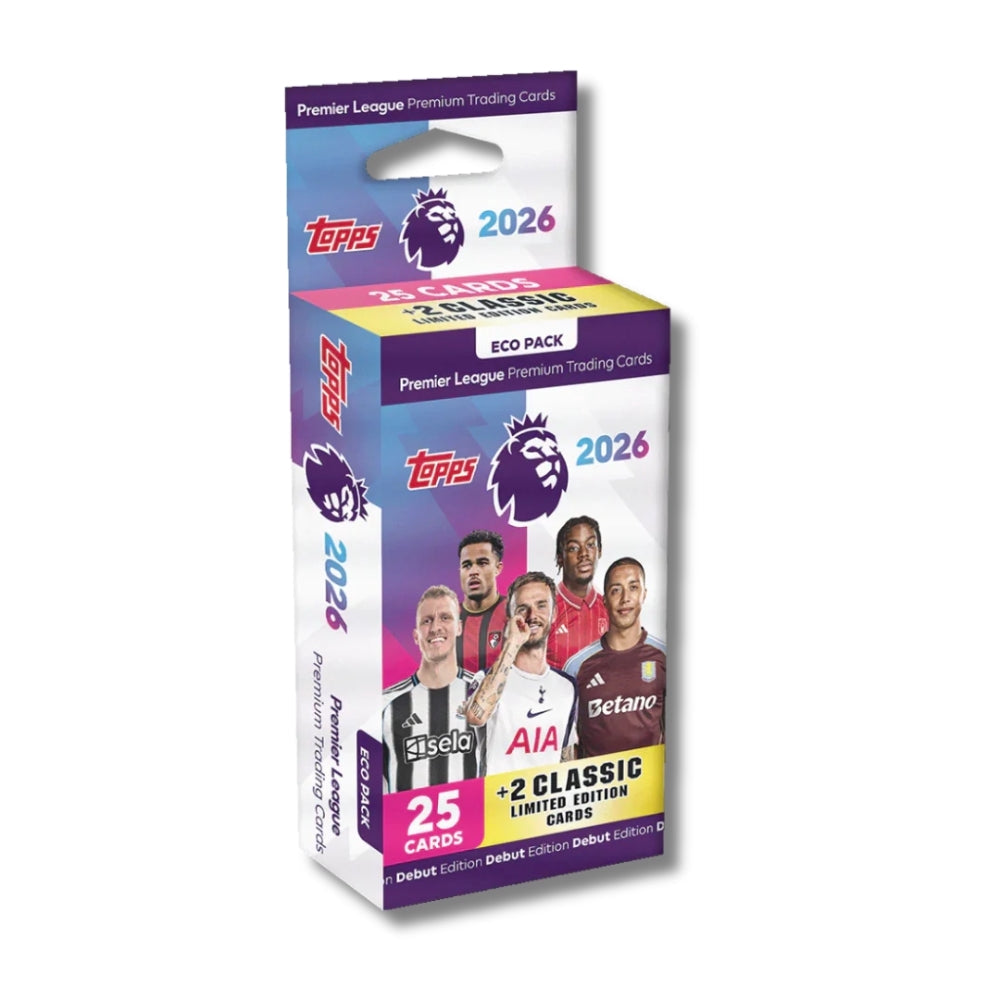 Topps Premier League 2026 Eco Pack med 25 fotbollskort och 2 Limited Edition samlarkort för samlare.