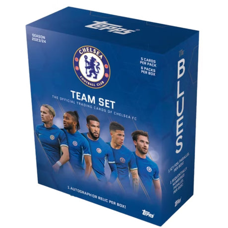 2023-24 Topps FC Chelsea Team Set fotbollskort, officiell samlarbox med Chelsea-spelare.