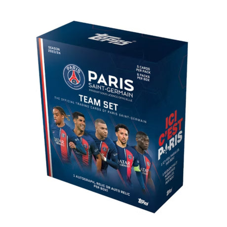 2023-24 Topps Paris Saint Germain Team Set samlarbilder för fotboll och PSG-kort i originalförpackning.