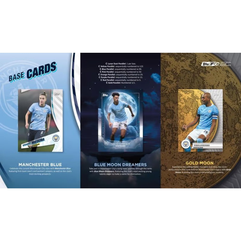 2024-25 Topps Manchester City Blue Moon fotbollskort hobby box med samlarbilder på Manchester City.