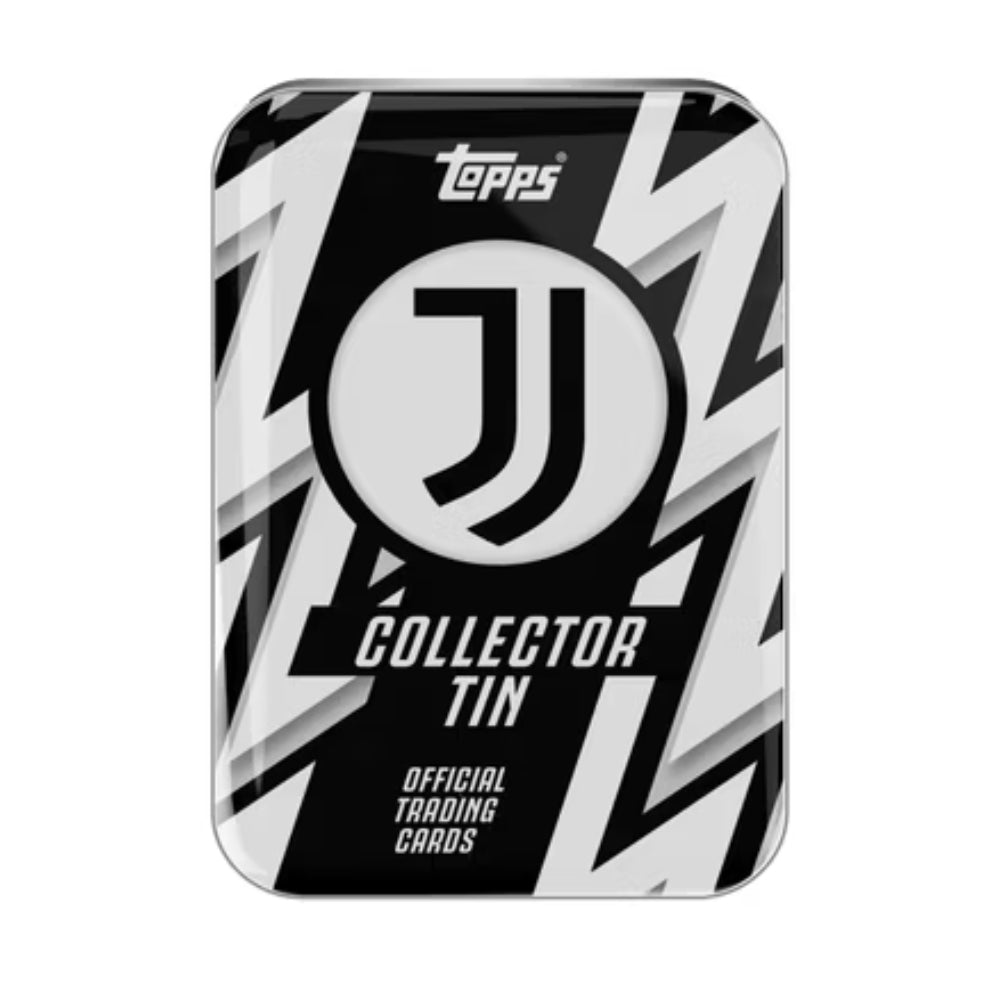 2025-26 Topps Juventus Turin samlarbox i metall med officiella fotbollskort för samlare.