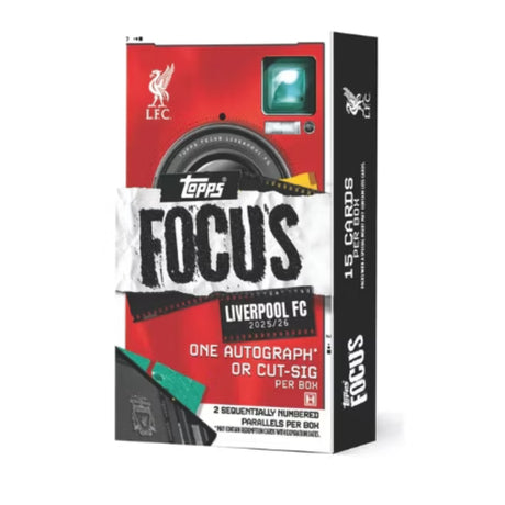 2025-26 Topps Liverpool FC Focus Deck Box, röd samlarbox för fotbollskort med officiell klubblogga.