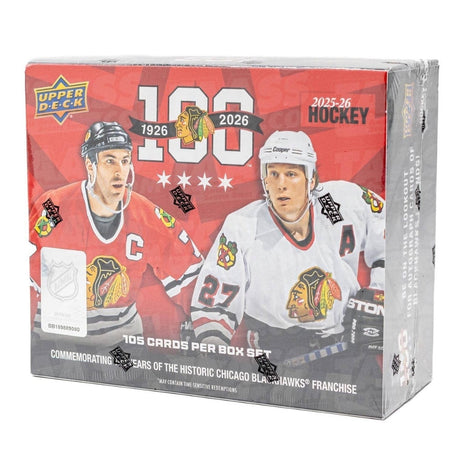 Chicago Blackhawks Centennial Box Set 2025-26 från Upper Deck med 105 exklusiva NHL-kort i samlarbox.