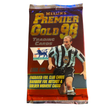 Obruten förpackning av Merlin Premier Gold 98 fotbollskort, samlarbilder från Premier League säsongen 1997-98.