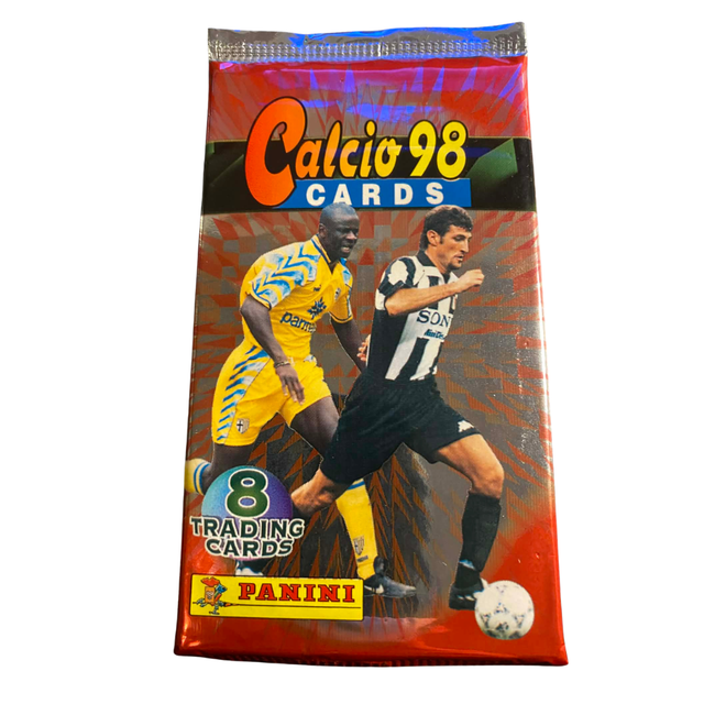 Oöppnat paket Panini Calcio 1998 samlarbilder, italiensk fotboll serie A, vintage booster pack.