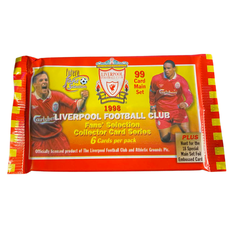 Futera Liverpool FC Fans Selection 1998 samlarbilder oöppnat booster pack med fotbollskort.