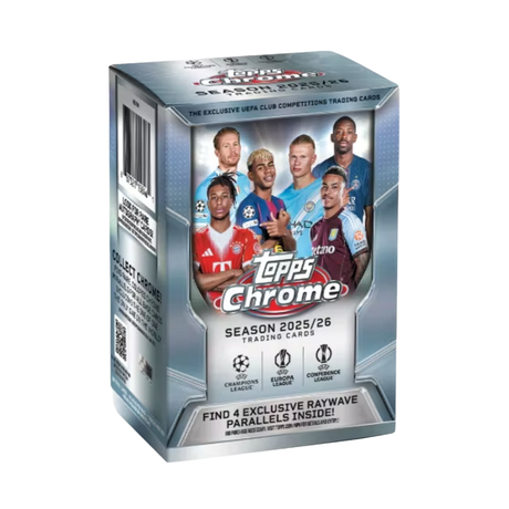 Topps Chrome UEFA Club Competitions 25/26 Value Box, samlarbox med fotbollskort för Champions League.