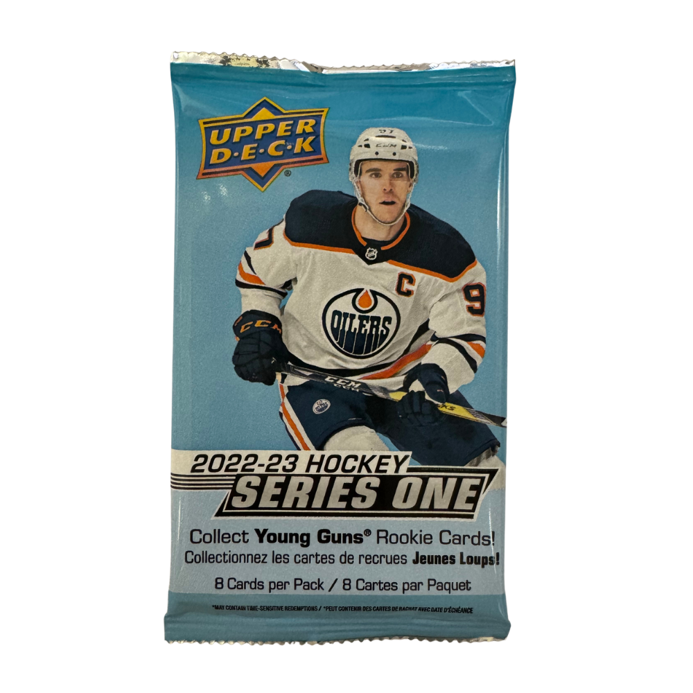 Upper Deck NHL 22/23 Series 1 Retail Pack, hockeybilder och samlarkort med NHL-stjärnor.
