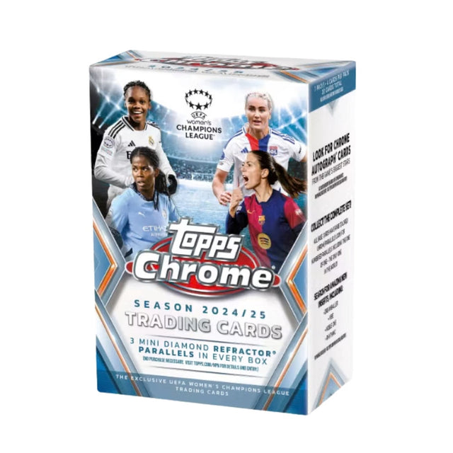 Topps Chrome UEFA Women's Champions League 24/25 Value Box med fotbollskort och officiella samlarbilder.
