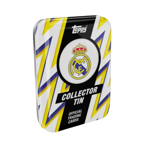 Topps Real Madrid 25/26 Collector Tin samlarbox med officiella fotbollskort för samlare.