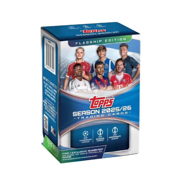 Topps UCC Flagship 25/26 Value Box samlarbox med UEFA fotbollskort och sällsynta samlarbilder.