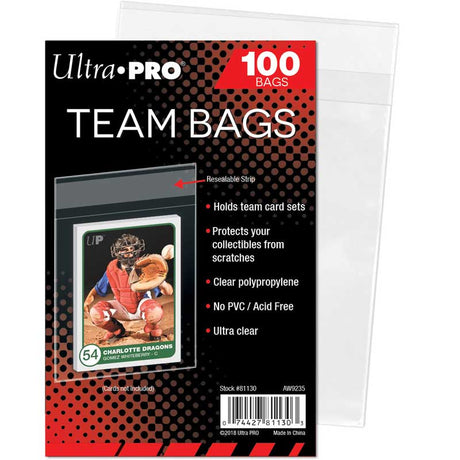 Ultra Pro Team Bags 100-pack, genomskinlig skyddsplast för toploaders och samlarkort.